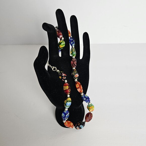 Millefiori Style Art Glass Bead Necklace Venetian Style Murano Inspired 14-16" - Picture 5 of 11